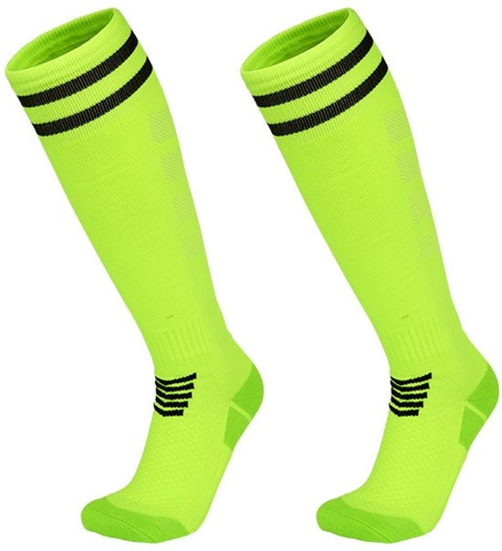 S (adatto per calzature 28-33) *3 Calze da calcio, verde fluorescente, calze da calcio per partite invernali, calze da uomo con suola di microfibra, calze da sport a lunga gamba con assorbimento di sudore, calze sportive antiscivolo unisex