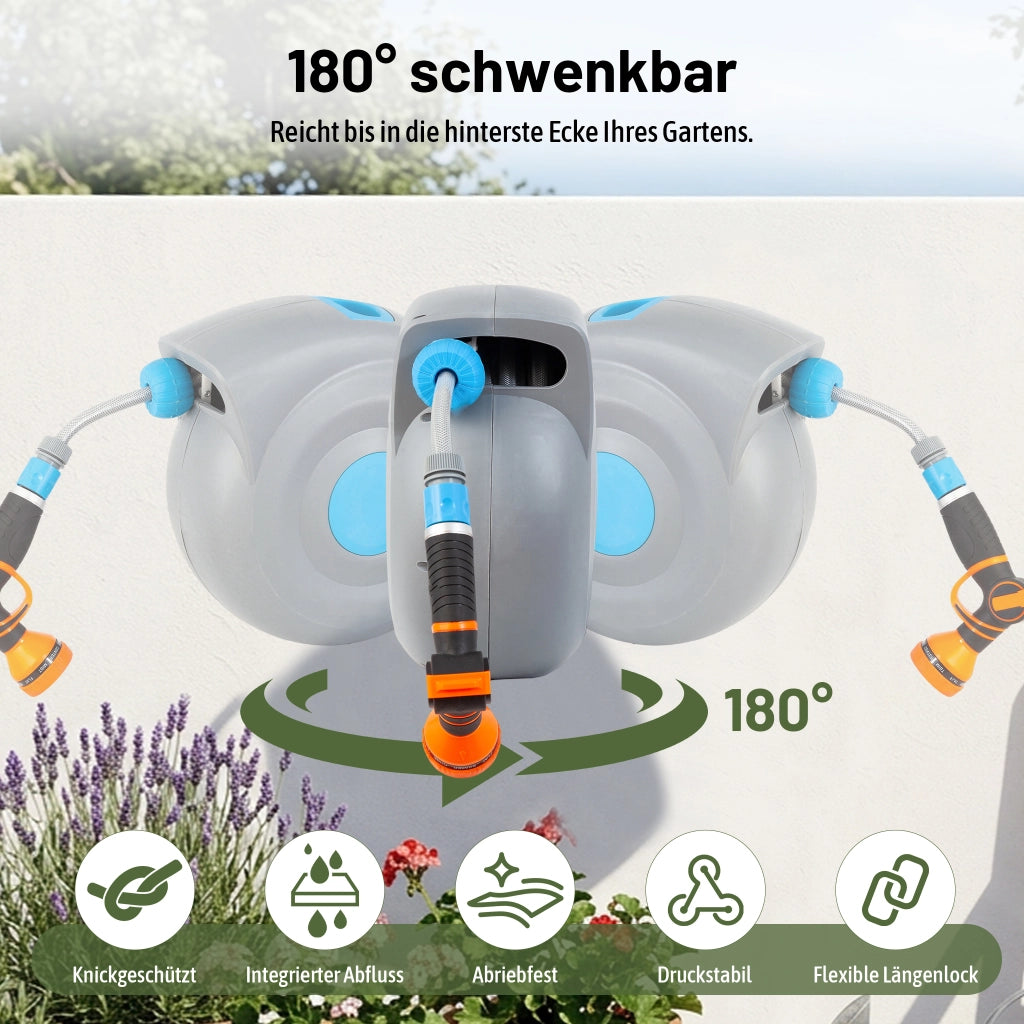 Avvolgitubo da 20 m a parete con riavvolgimento automatico, avvolgitubo da giardino e pistola a spruzzo 9 in 1, resistente ai raggi UV e al gelo,