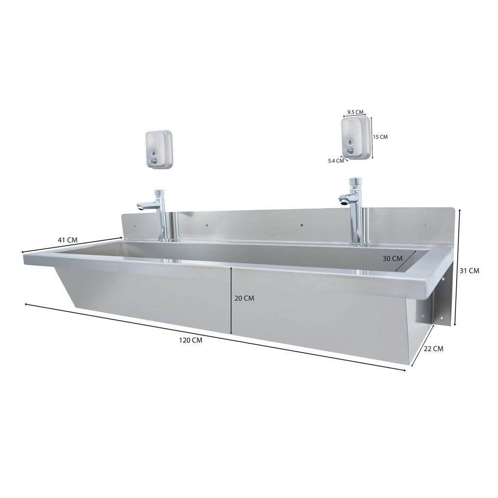 Lavabo a Canale 120 cm (1200 mm) Acciaio Inox a Parete con Rubinetti Push