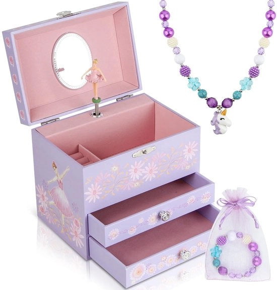 Scatola Decorativa Musicale per Ragazze - Cassetta della Ballerina con 2 Cassetti Estensibili