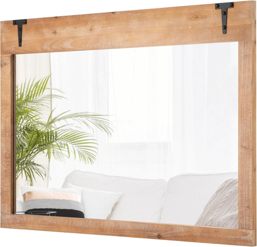 Specchio da Parete Stile Fattoria, 100 x 70 cm Specchio Decorativo Rettangolare da Parete con Cornice in Legno, per Bagno Soggiorno Camera da Letto, Verticalmente o Orizzontalmente