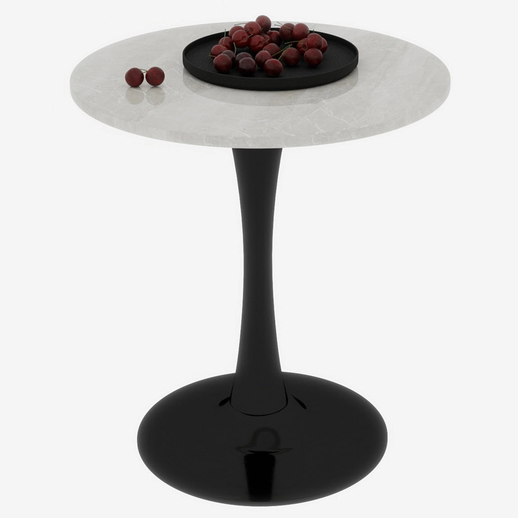 Tavolo da pranzo - rotondo 70 cm - stile mid-century - marmo venato bianco - per 2-4 persone - nero