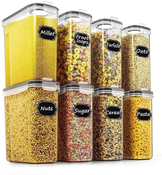 Buste aere stagne per cereali per colazione e alimenti secchi, buste aere stagne per cereali per colazione, 2,5 l, per zucchero, farina, snack, utensili da forno, libere da liquidi con coperchi chiusi in tinta nera