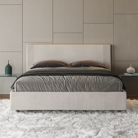 Letto Matrimoniale 160x210 cm con Rete e Contenitore con Testata e Alzata Comoda Imbottito in Tessuto Labirinto Rosal