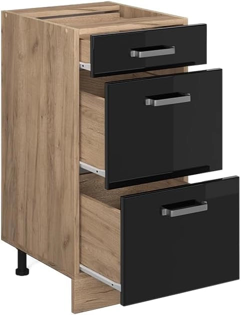 Mobiletto base per cucina R-Line, Nero lucido, 40 cm con cassetti, senza piano di lavoro, per la libera combinazione all'interno di sistemi cucina modulari