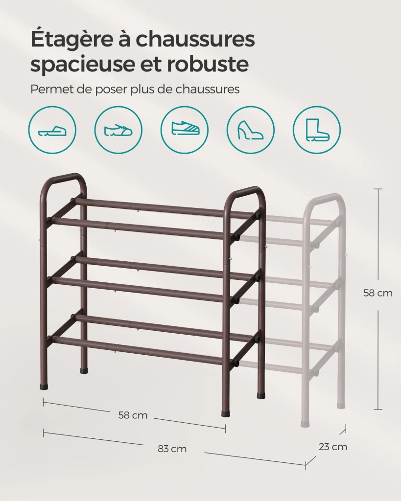 Scarpiera a 2 ripiani regolabile 23 x 58 x 42 cm per scarpe per ingresso armadio facile montaggio metallo marrone 12_0005462
