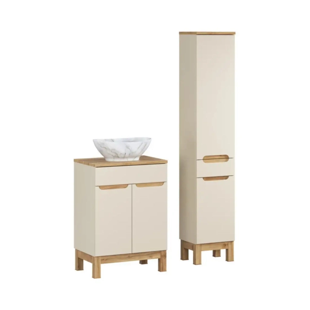 Set ERMANO cachemire 95cm: mobile sottolavabo + lavabo da appoggio bianco marmorizzato + colonna