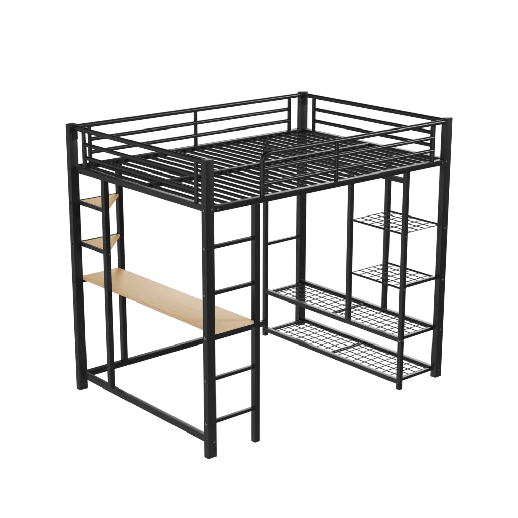 OKWISH Letto a soppalco 140×200 cm, Letto Matrimoniale con Scrivania, Mensole e Appendiabiti, senza Materasso, in Metallo, Nero