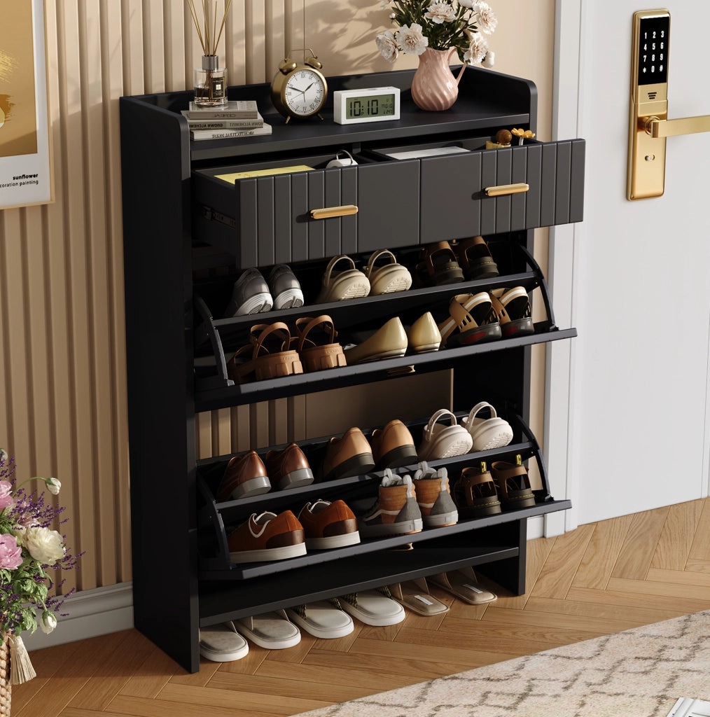 Scarpiera a ribalta 75x24x108，5 cm nera， ingresso， 2 cassetti