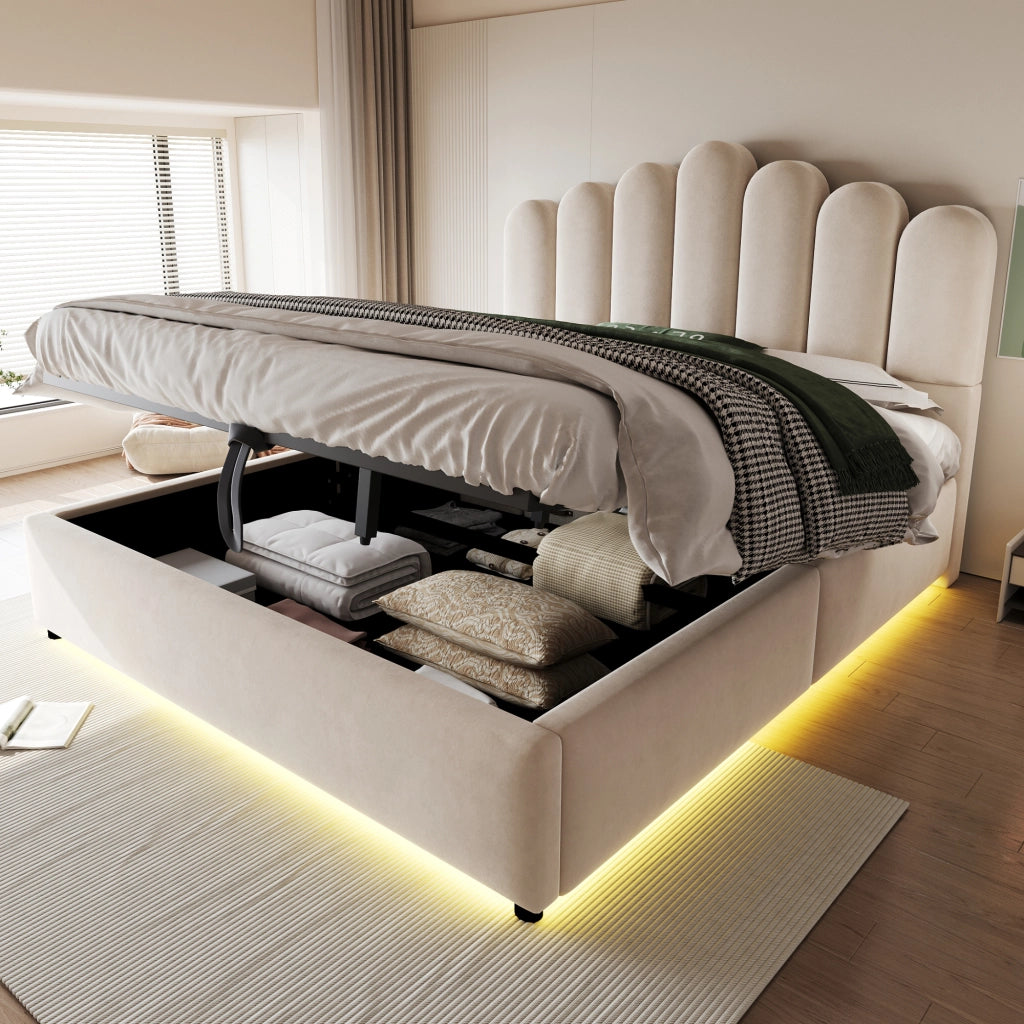 Letto imbottito 140x200 cm con contenitore idraulico, testiera imbottita, LED e rete a doghe, in velluto beige