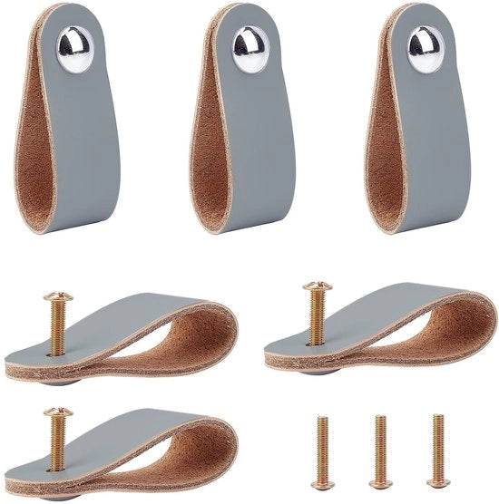 Ladatrici in pelle per porte - Maniglie per porte in pelle - Hardware per mobili - Grigie - 6 pezzi - Utile per mobili