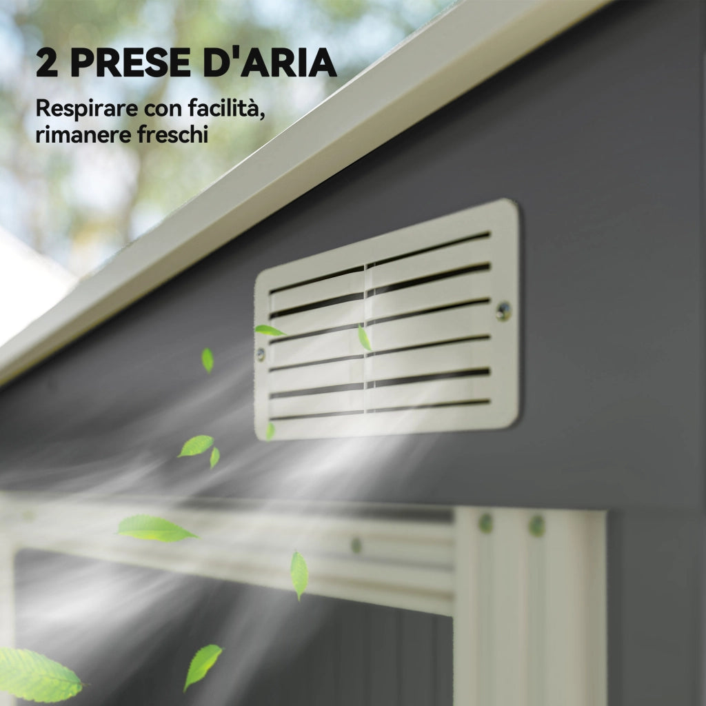 Capanno Attrezzi in Metallo 1.5x2m con Base, Porta Scorrevole e Tetto Inclinato, Grigio Scuro