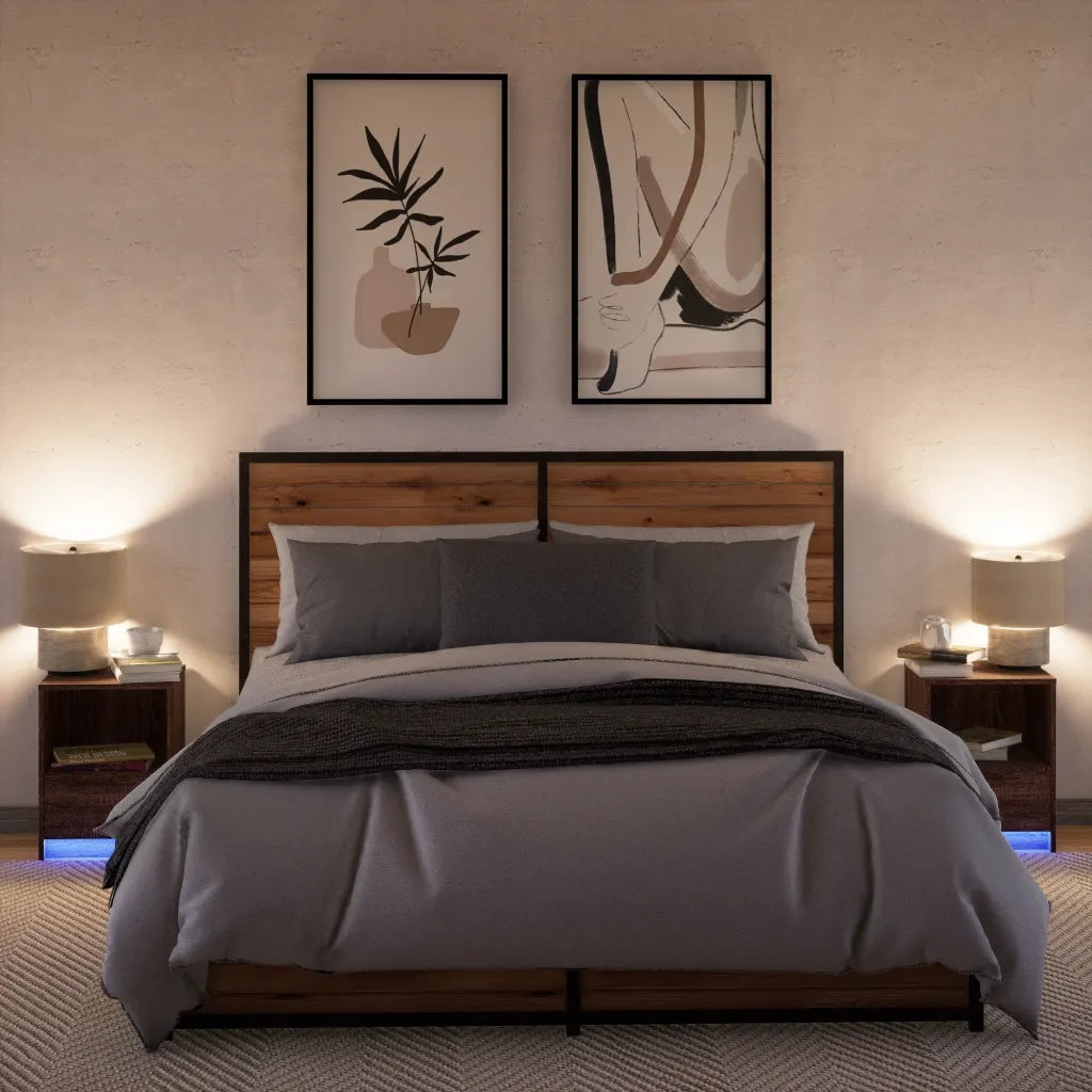 Set di 2 Comodini | Armadio da Notte | Mobiletto da notte con Luci LED Rovere Marrone in Legno Multistrato
