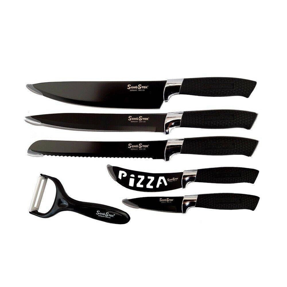 Trade Shop - Set 5 Coltelli Neri Da Cucina In Acciaio Manico Antiscivolo + Pelapatate Black -