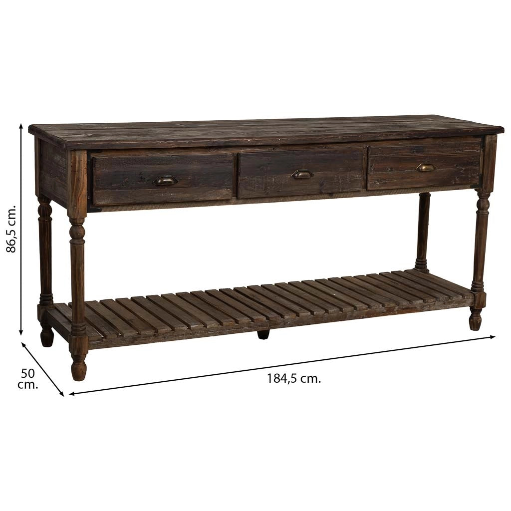 Mobile da ingresso in legno invecchiato con 3 cassetti e 1 ripiano 184,5x50x86,8