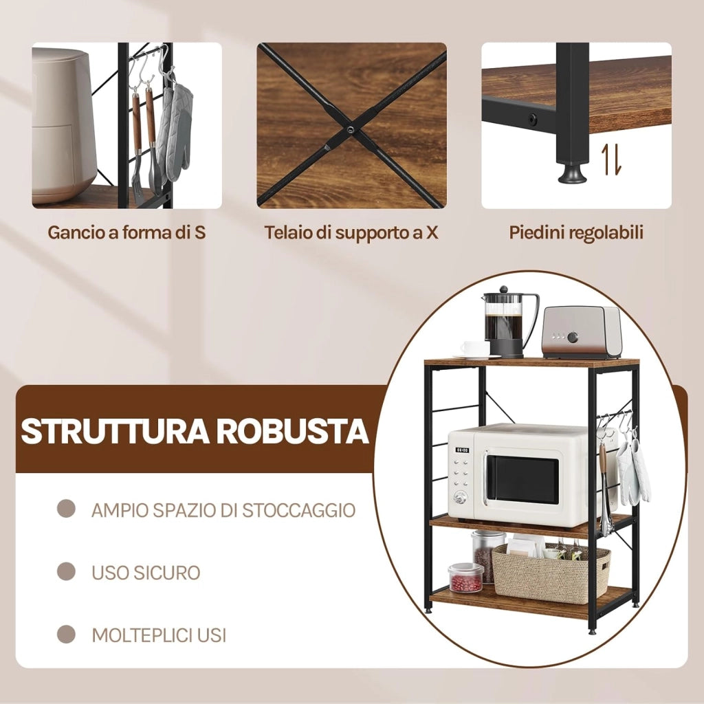 Scaffale per Cucina Carrello per Microonde Forno a 3 Ripiani in Metallo e Legno Scaffalature Fioriera Multiuso, Effetto Legno Vintage