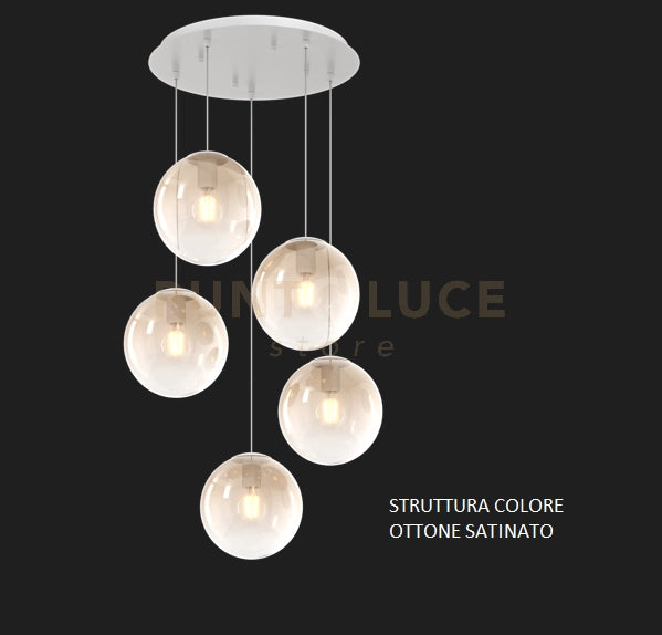 SOSP. OTTONE SAT. 5 LUCI TONDO VETRI PICCOLI AMBRA 1194OS-S5 TP-AM