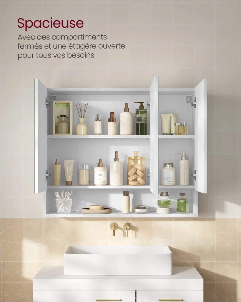 Mobiletto da bagno con ante a specchio mobile contenitore mobiletto a specchio da parete vano aperto ripiani regolabili 165 x 70 x 75 cm bianco 12_0004015