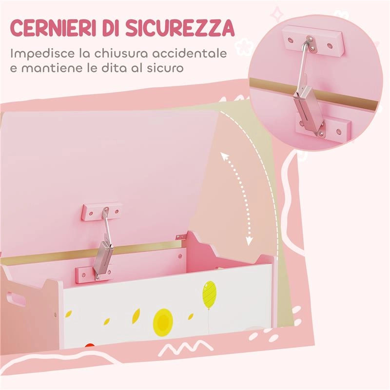 BAULE PORTAGIOCHI PER BAMBINI CON CERNIERE DI SICUREZZA IN LEGNO CON DISEGNI DI ANIMALI, 60X37X39 CM, ROSA
