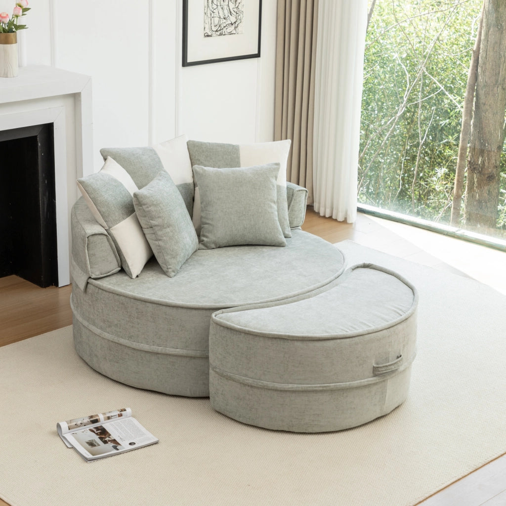 Poltrona con pouf Poltrona lounge rotonda senza montaggio per soggiorno in Chenille e Schiuma Verde menta