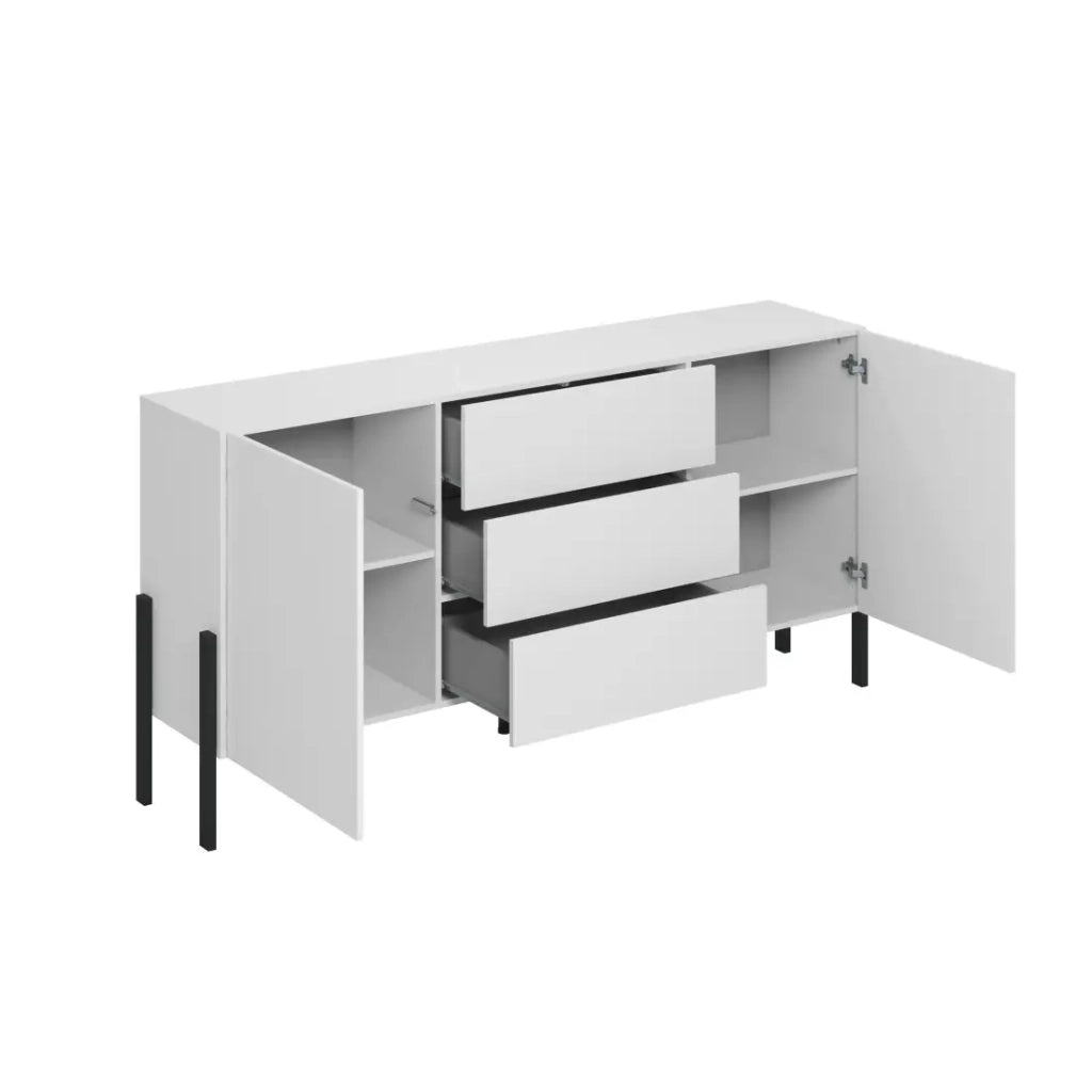 Pack salotto SALMA – Mobile TV, buffet 2 porte & 3 cassetti e armadio bianco super opaco & nero opaco