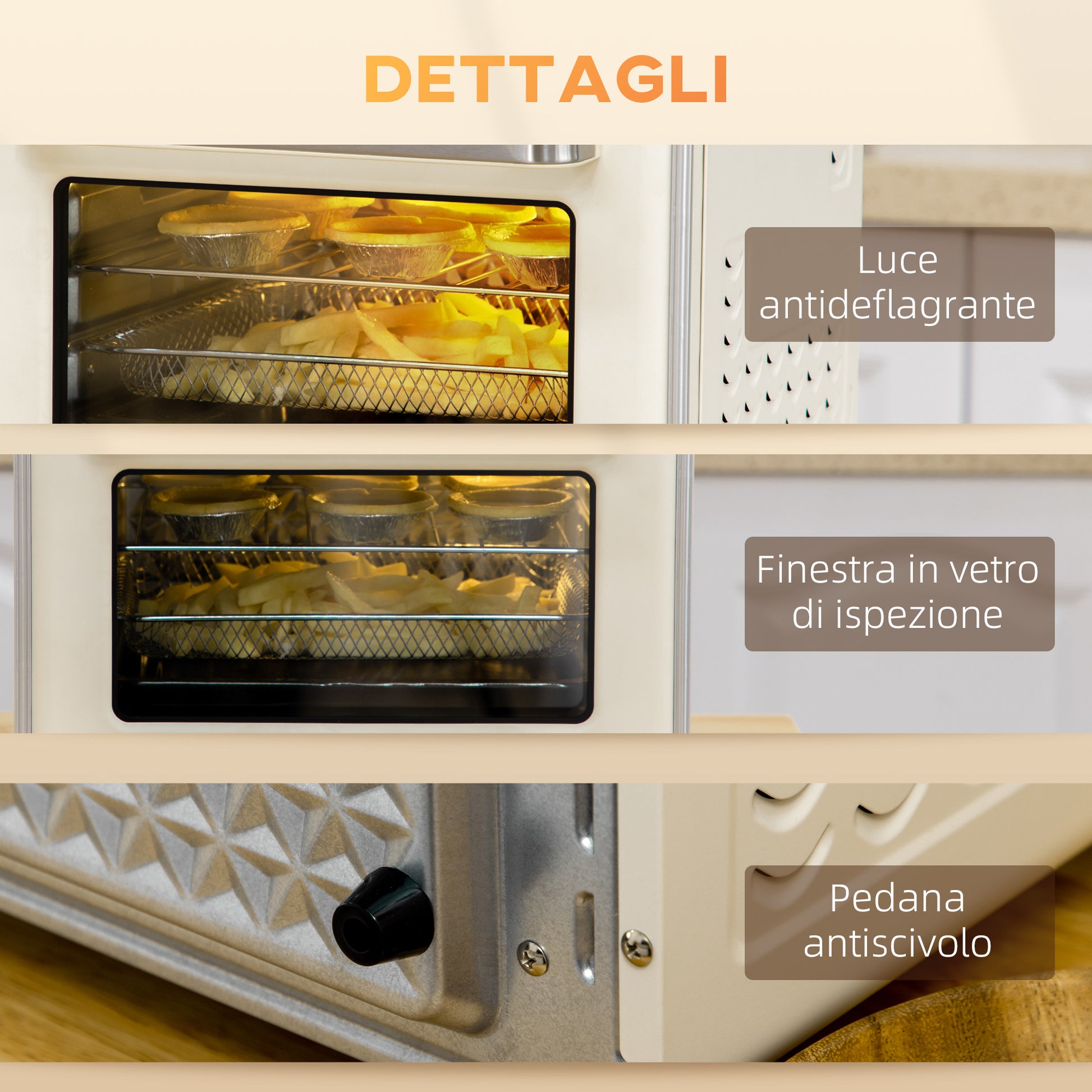 Mini Forno Elettrico 20L Ventilato 1400W con Aria Calda e Accessori Crema