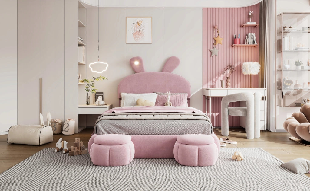 Letto 140x200 - Xylo - Orecchie coniglio LED velluto rosa