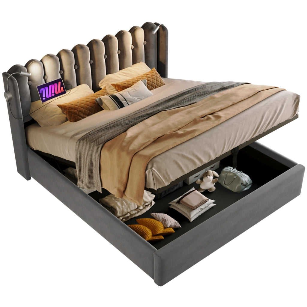 Letto matrimoniale 140x200 cm in velluto grigio con luce da lettura e 2 USB