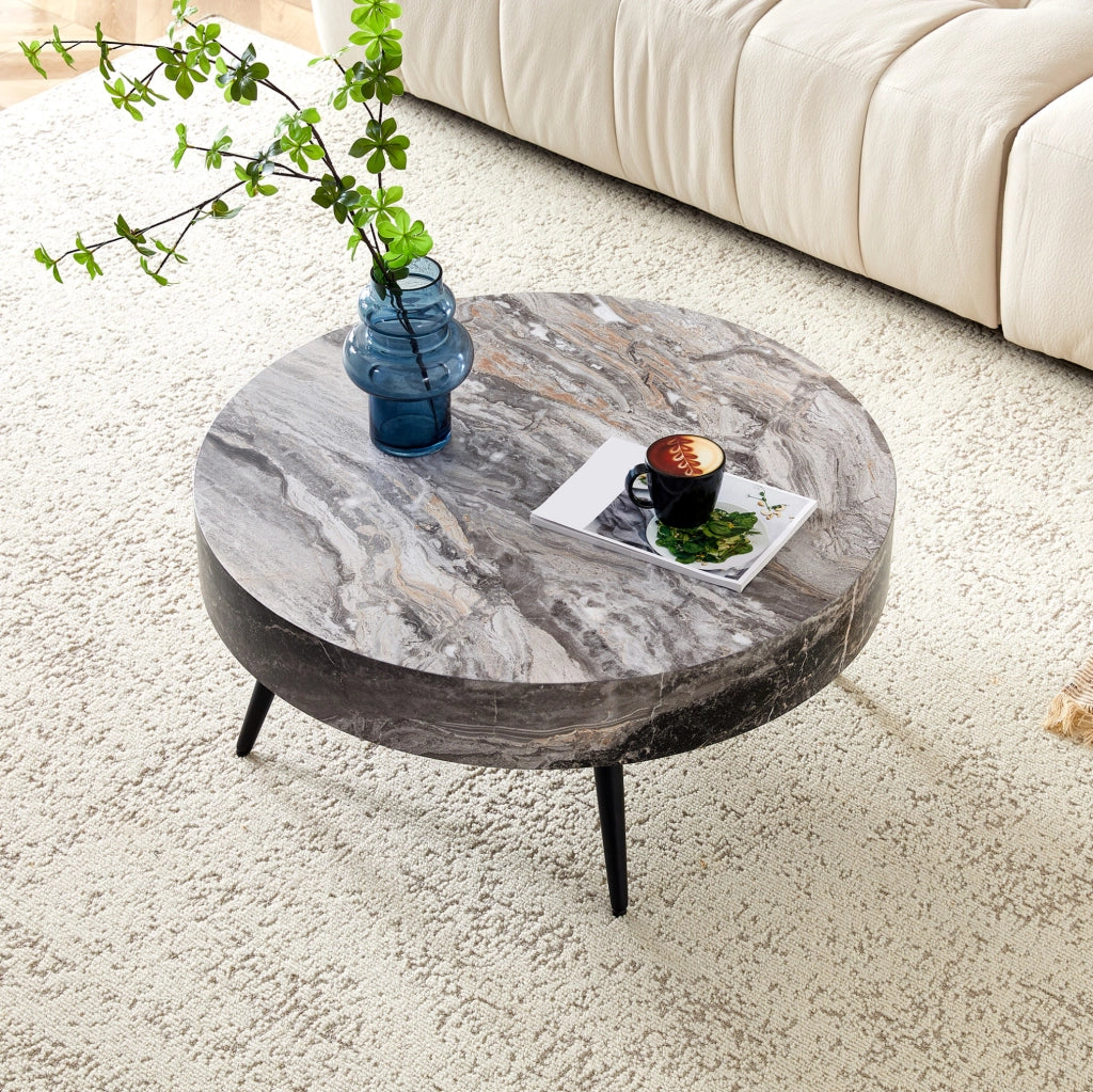 Tavolino da caffè rotondo 70 cm con piedini regolabili in MDF effetto marmo grigio e nero