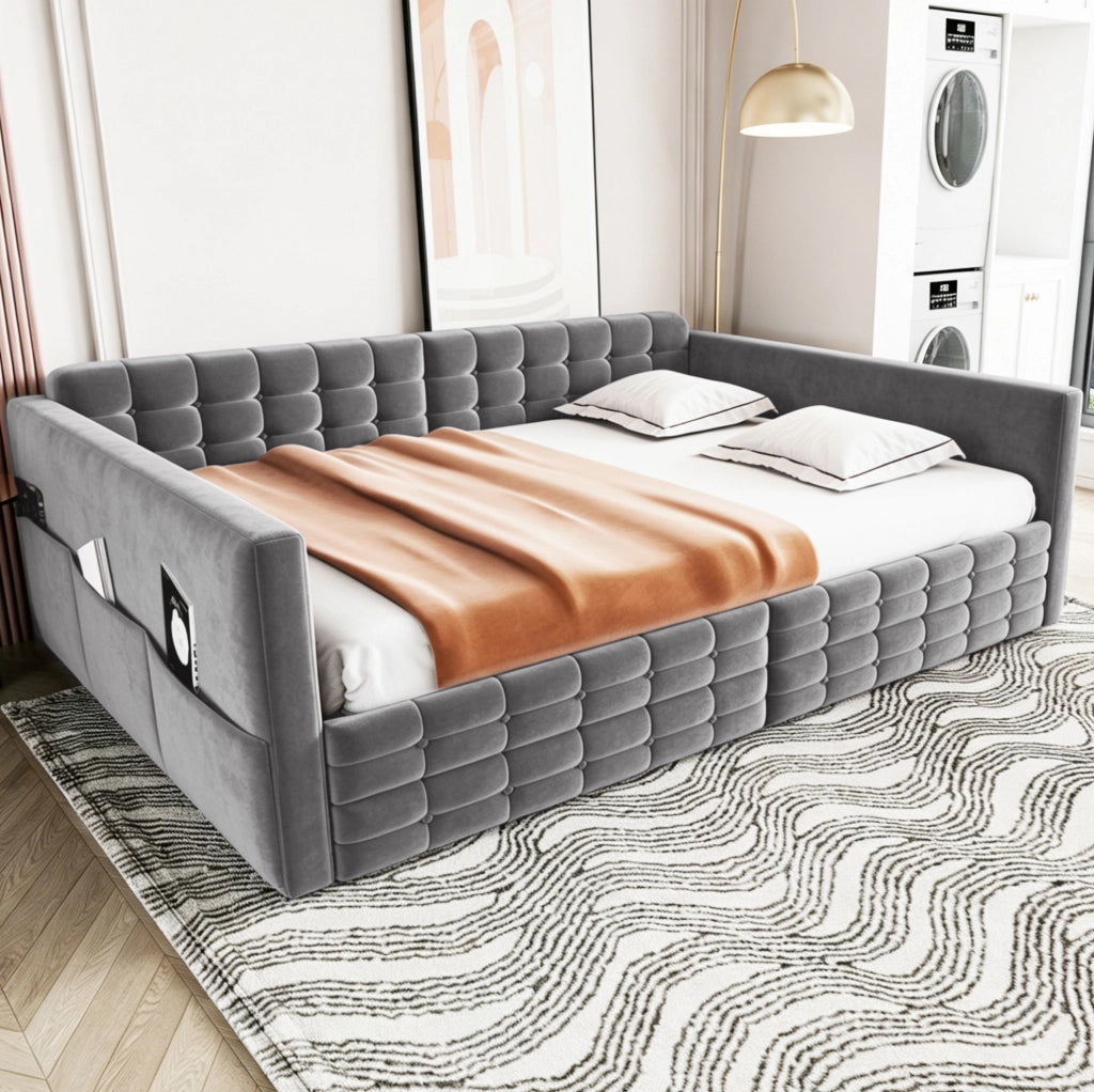 Letto imbottito 140 x 190 cm grigio con cassetti e tasche laterali
