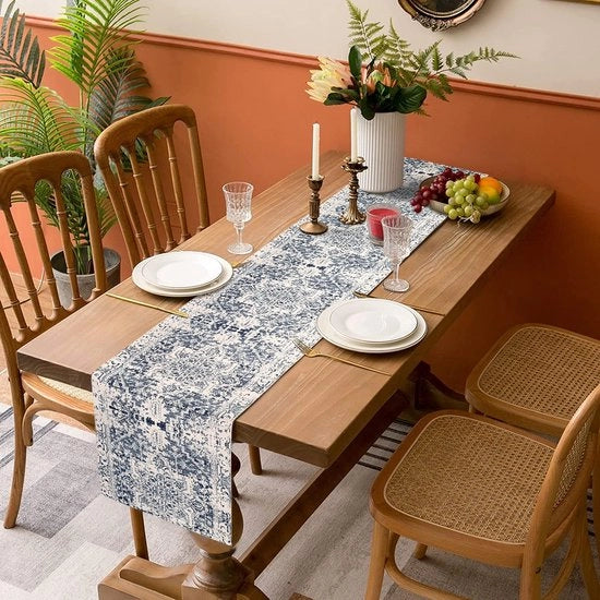 Tavolo da pranzo moderno in tessuto geometrico astratto 40 x 140 cm con tovaglia vintage e tovagliolo blu decorazione da tavola per sala da pranzo, feste, vacanze, ristoranti.