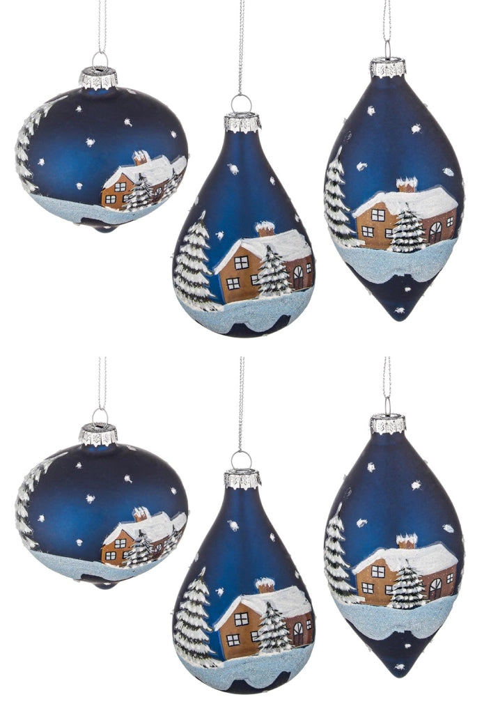 Pendagli Albero di Natale Palle in Vetro Blu Villaggio Innevato Addobbi Natalizi