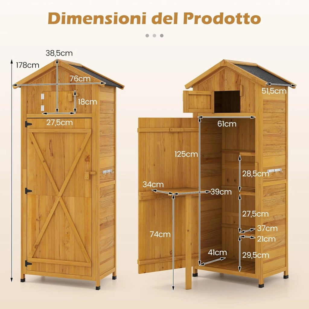 Armadio da Esterno, Armadietto da Giardino in Legno con Porta a Fienile Richiudibile con Serratura, Mensole Rimovibili, Tavolo Laterale Pieghevole, 3 Ganci e Tetto in Asfalto