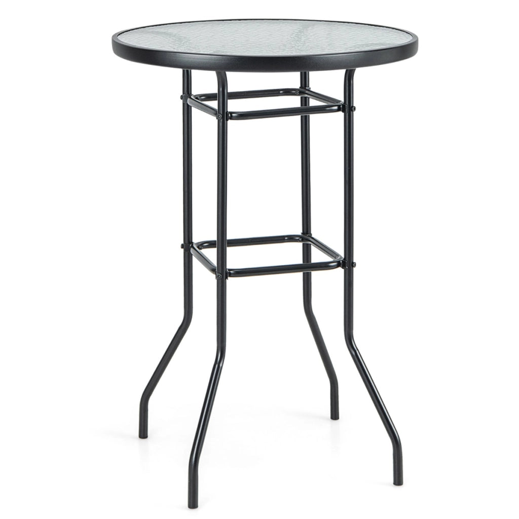Tavolo da bar per giardino con piano in vetro temperato e telaio in metallo resistente, Tavolo rotondo alto 97cm Nero-Tavoli da esterno