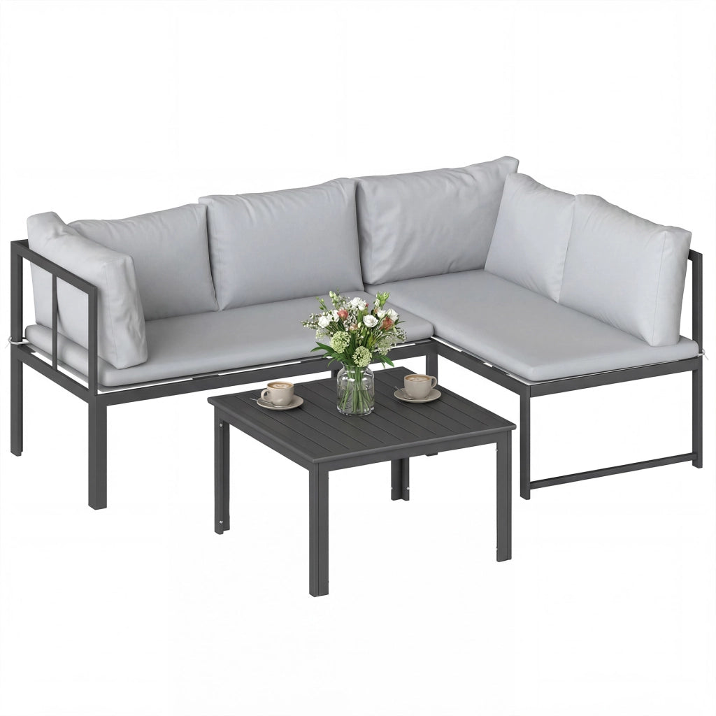 Set da Giardino 3 Pezzi con Divano Angolare 4 Posti e Tavolino ¨C zephmum ¨C Grigio Metallo Poliestere