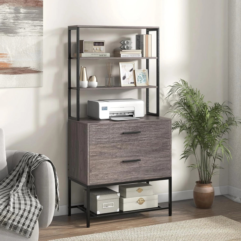 Scaffale Porta Stampante, Suppoto per Stampante in Legno con 4 Ripiani e 2 Cassetti, per Soggiorno, Ufficio e Studio, 75 x 40 x 156 cm (Grigio)