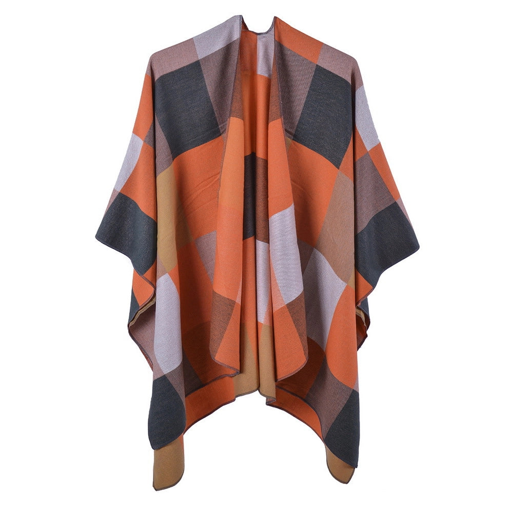 Nuova sciarpa/scialle a quadri da donna, graziosa mantellina in cashmere con spacco e nappe su entrambi i lati