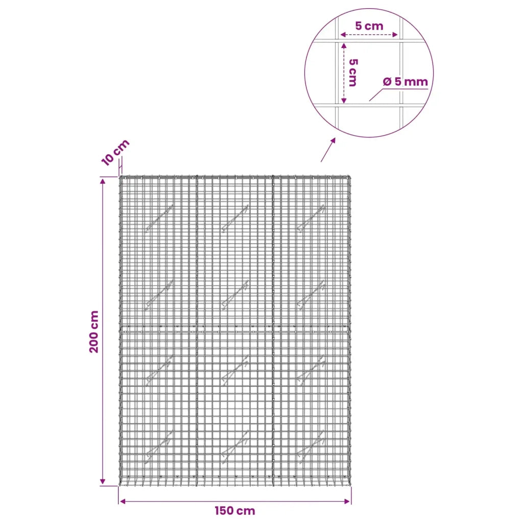 Gabione con filo da 5 mm e rete da 5x5 cm 150x10x200 cm 3464013