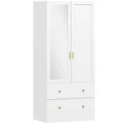 Armadio con specchio, 2 ante, 2 cassetti e asta appendiabiti, 80 x 50 x 180 cm, bianco