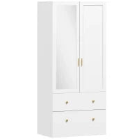 Armadio con specchio, 2 ante, 2 cassetti e asta appendiabiti, 80 x 50 x 180 cm, bianco