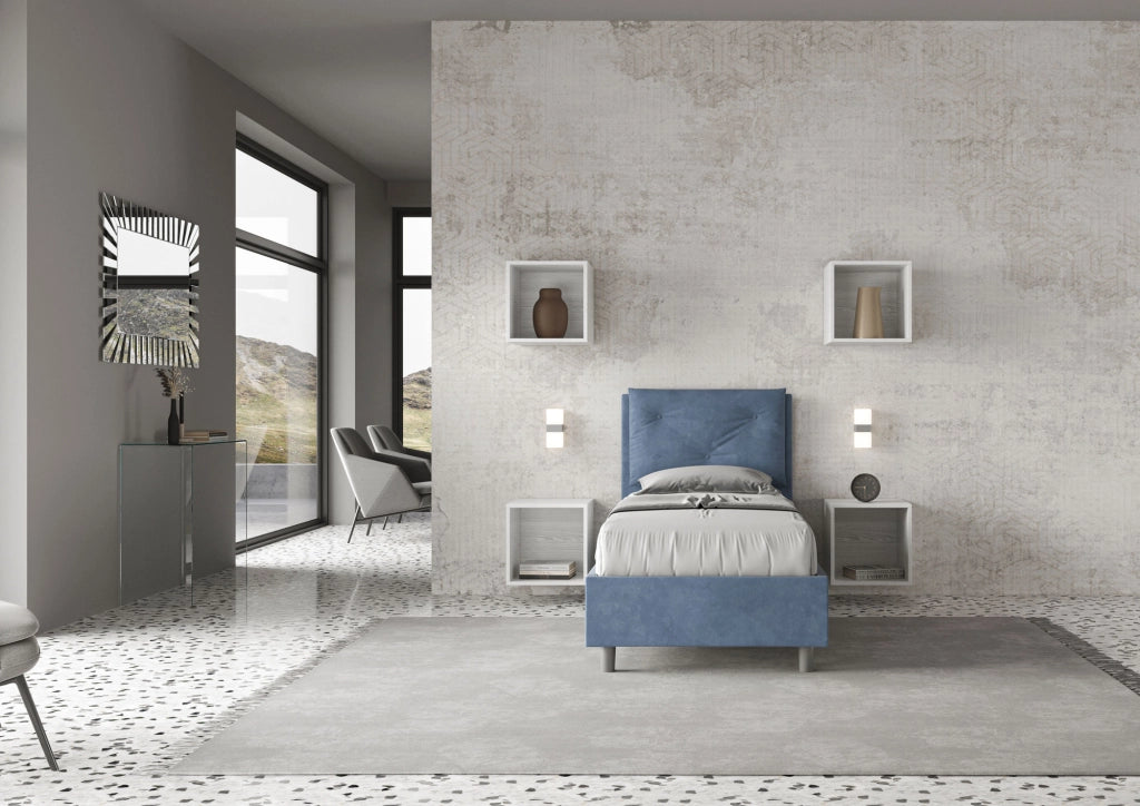 BS COM Letto singolo con rete imbottito 90x190 microfibra blu