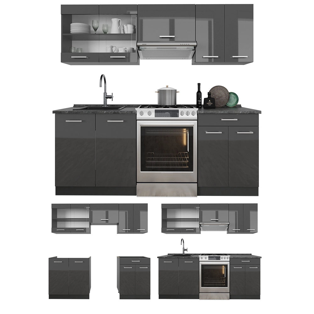 Cucina componibile R-Line Antracite lucido/Antracite 200 cm senza piano di lavoro Vicco