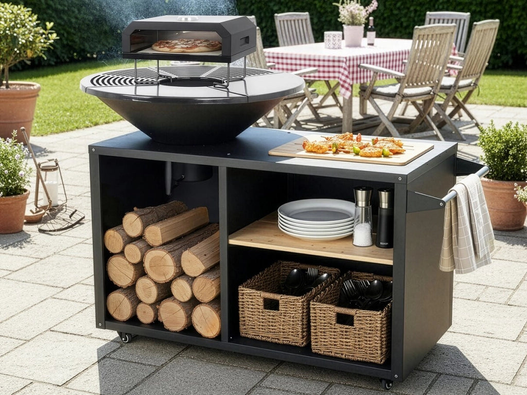 Braciere per barbecue plancha con forno per pizza "Maréchal" - Ø 81 cm - Nero