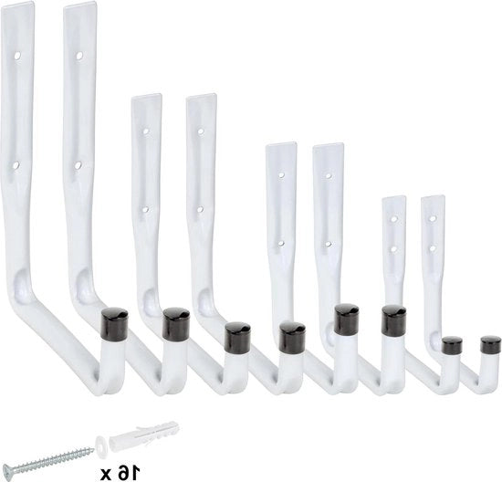 Haken per parete per garage - bianco - capacità di carico 5 kg - resistente all'usura - forma a U - set a 8 pezzi - 4 misure