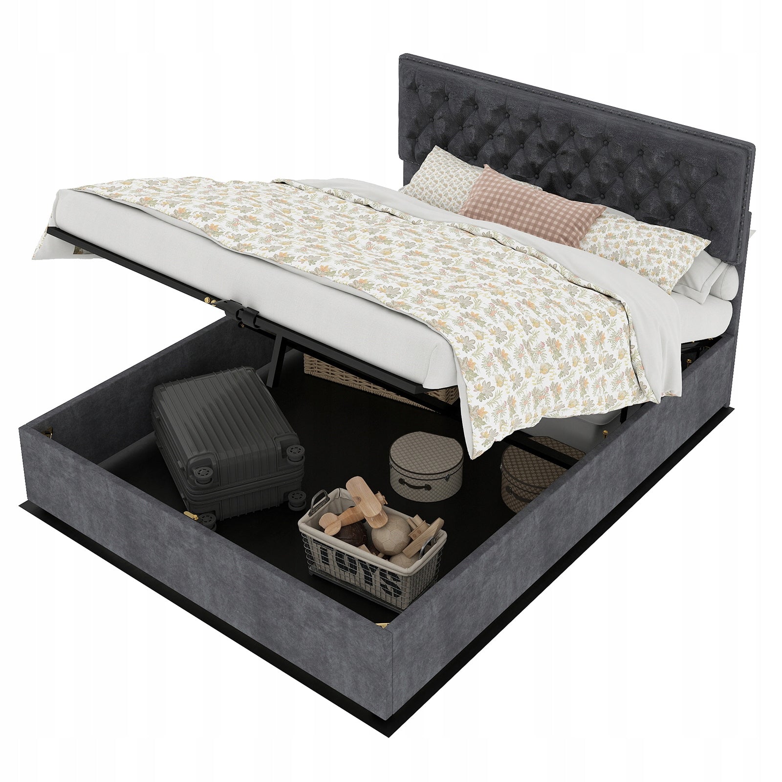 Letto imbottito 140x200 grigio - Xylo - Base sollevabile