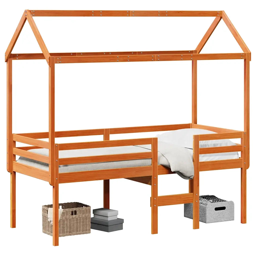 Letto a Soppalco con Tetto Cera 80x200 cm in Legno di Pino 3282137