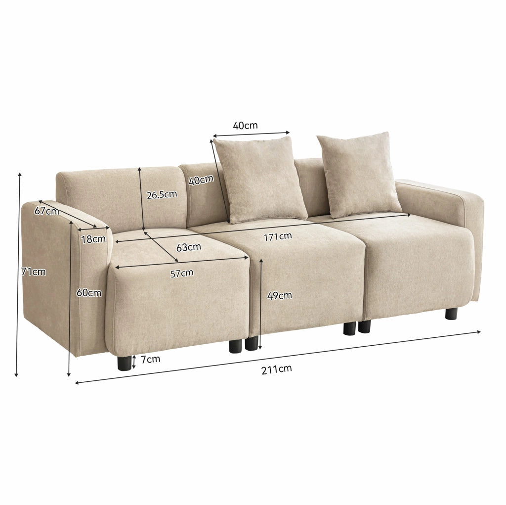 Divano a 3 posti in chenille beige; 211 cm
