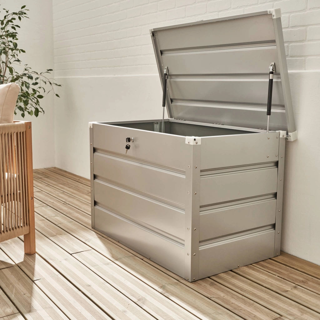 Baule da giardino in metallo, 285l, grigio alluminio