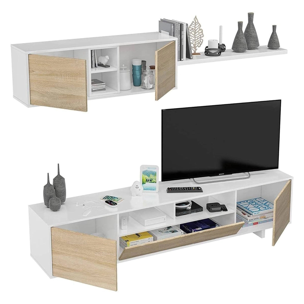 Mobile Soggiorno Angora, Parete Attrezzata 8 Ripiani, 200x41x46h cm Bianco Lucido