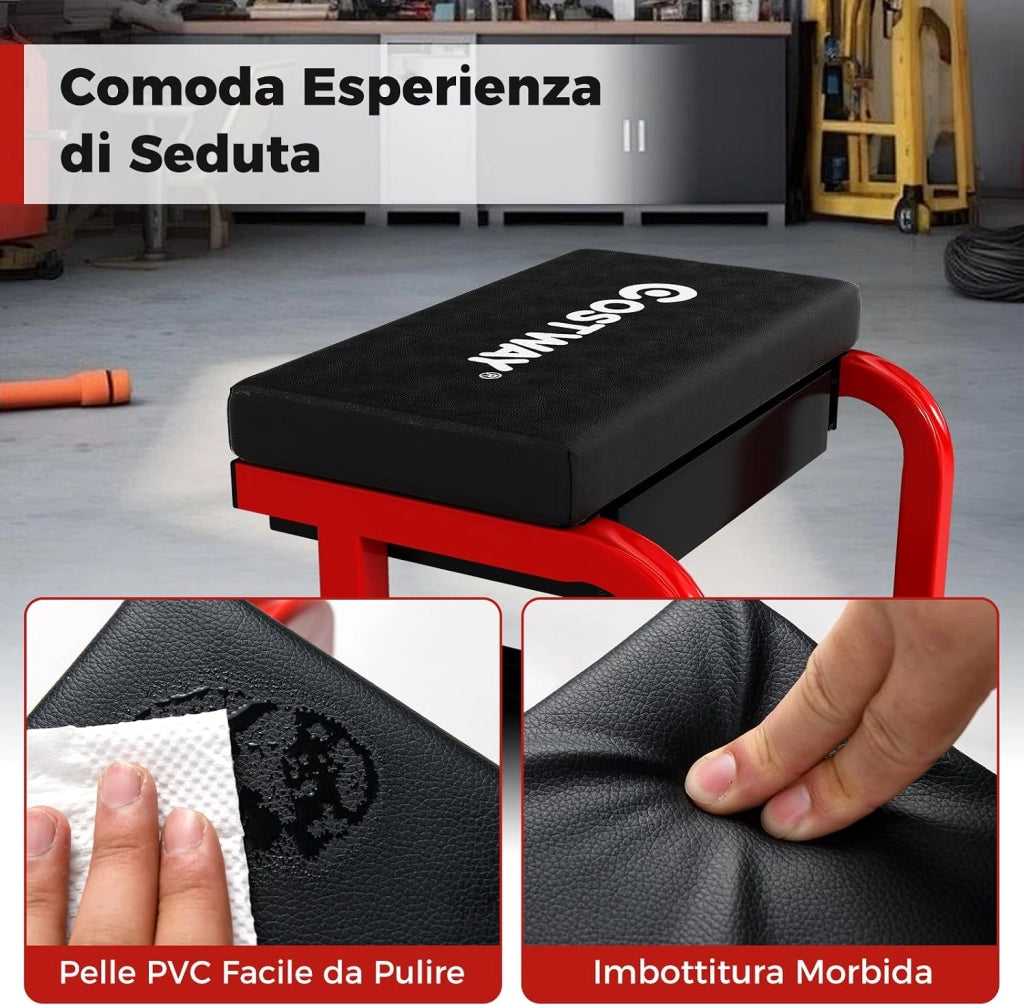 COSTWAY Sgabello da Officina con Ruote, Sedia Meccanico Imbottita con Cassetto e Vassoio Portautensili, capacità di 185 kg, per Riparazione Auto, per Garage e Officina (Nero)